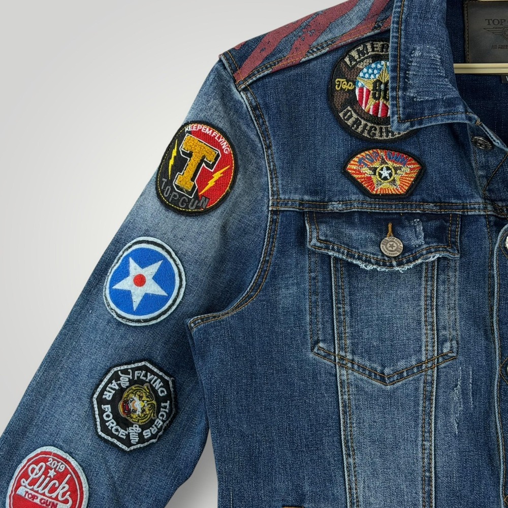 Denim Bomber Jacket with Embroidered Jaguar and Flag Patch - Picture 3 of 11